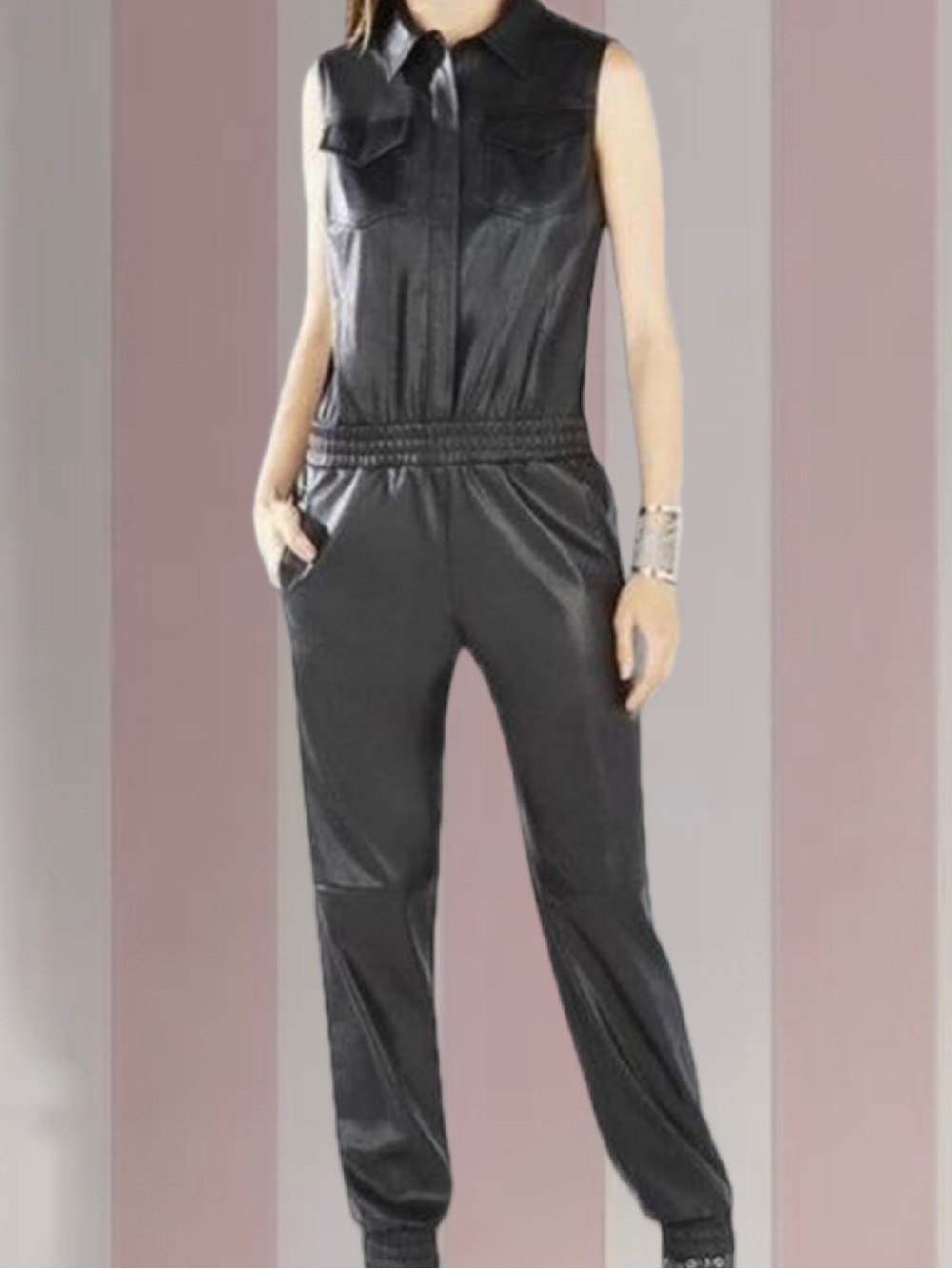 BCBGMAXAZRIA Women's black Faux-Leather Jumpsuit